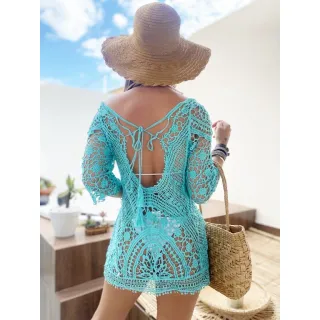 Moda Praiana Vestido Branco Crochê Boho Hippie - Azul Celeste