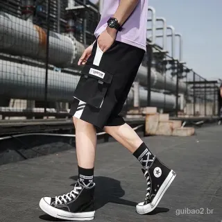 Roupas Masculinas Streetwear: Shorts de Cargo Hip Hop com Multi Bolso e Fita - Preto