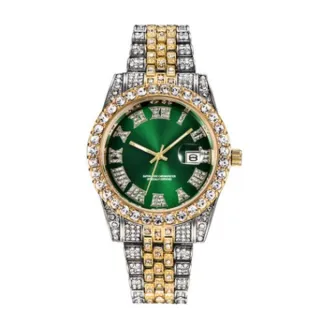 Relógio de Ouro 18 K Masculino Luxo Grande com Diamante, Quartzo Hip Hop Gelado - Cara vermelha prateada