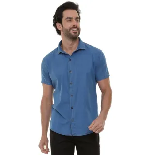 Camisa Masculina Manga Curta Jeans Clara - Azul-claro