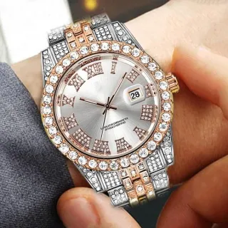 Relógio de Ouro 18 K Masculino Luxo Grande com Diamante, Quartzo Hip Hop Gelado - Cara vermelha prateada