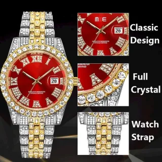 Relógio de Ouro 18 K Masculino Luxo Grande com Diamante, Quartzo Hip Hop Gelado - Cara vermelha prateada