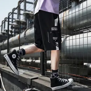 Roupas Masculinas Streetwear: Shorts de Cargo Hip Hop com Multi Bolso e Fita - Preto