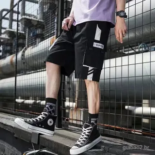 Roupas Masculinas Streetwear: Shorts de Cargo Hip Hop com Multi Bolso e Fita - Preto