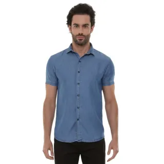 Camisa Masculina Manga Curta Jeans Clara - Azul-claro