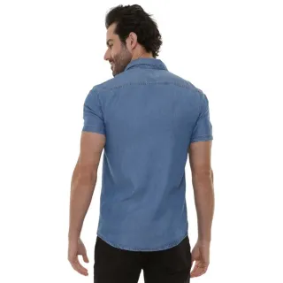 Camisa Masculina Manga Curta Jeans Clara - Azul-claro