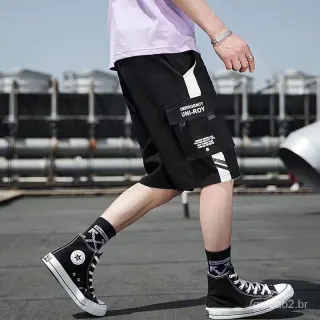 Roupas Masculinas Streetwear: Shorts de Cargo Hip Hop com Multi Bolso e Fita - Preto