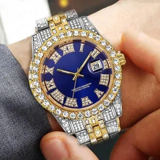 Relógio de Ouro 18 K Masculino Luxo Grande com Diamante, Quartzo Hip Hop Gelado - Cara vermelha prateada