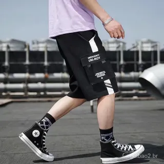 Roupas Masculinas Streetwear: Shorts de Cargo Hip Hop com Multi Bolso e Fita - Preto