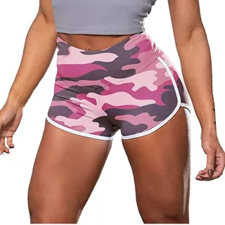 Calções femininos de verão em estampa camuflada - Cintura alta e sedosos - Pink