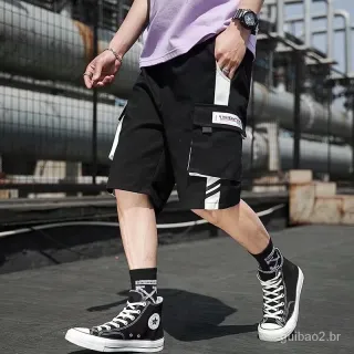 Roupas Masculinas Streetwear: Shorts de Cargo Hip Hop com Multi Bolso e Fita - Preto