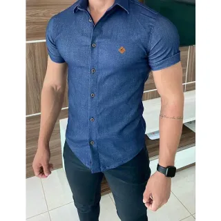 Camisa Slim Fit Manga Curta Jeans Bengaline 10% Elastano - JEANS ESCURO