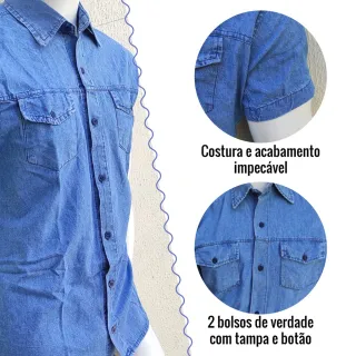 Camisa Manga Curta Jeans Slim Masculina Premium - Luxo - Camisa Jeans Azul