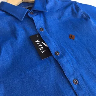 Camisa Slim Fit Manga Curta Jeans Bengaline 10% Elastano - JEANS ESCURO