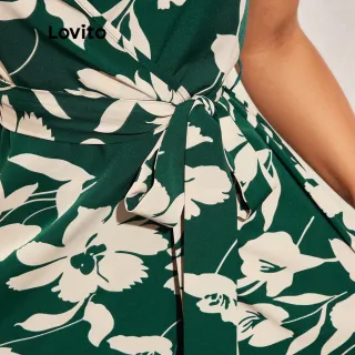 Lovito Vestido Manga Curta Floral Boho Dividida V Mulheres - Verde Escuro