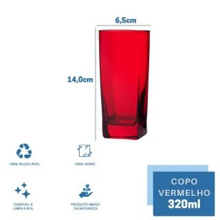 Copos de Vidro Bali Quadrado Luxo Vermelho - Jogo com 6 unidades - Único