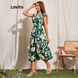 Lovito Vestido Manga Curta Floral Boho Dividida V Mulheres - Verde Escuro