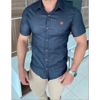 Camisa Slim Fit Manga Curta Jeans Bengaline 10% Elastano - JEANS ESCURO