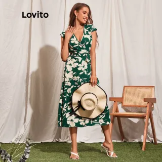 Lovito Vestido Manga Curta Floral Boho Dividida V Mulheres - Verde Escuro
