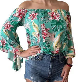 Manga Flare Blusa Ciganinha Feminina - Preto flor amarela