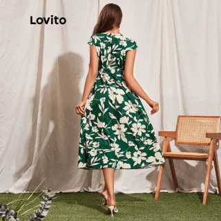 Lovito Vestido Manga Curta Floral Boho Dividida V Mulheres - Verde Escuro