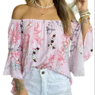 Manga Flare Blusa Ciganinha Feminina - Preto flor amarela