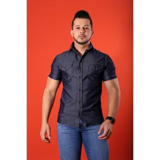 Slim Fit Manga Curta Camisa Jeans Masculina - Azul Claro