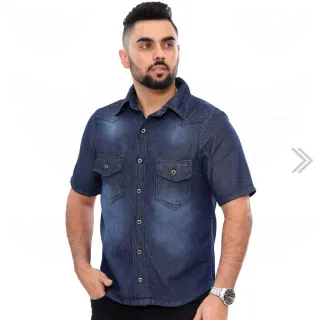 Camisa Manga Curta Masculina Jeans com 2 Bolsos - Azul Médio - XG