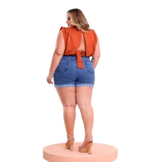 Destroyed Plus Size Feminino Bermuda Short Jeans Perna Dobrada - Azul Escuro