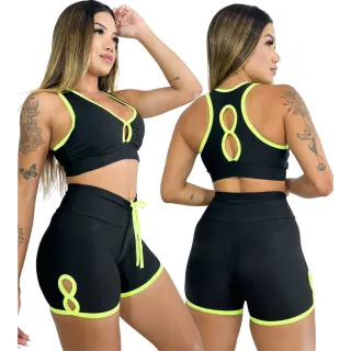 Top academia musculação conjunto fitness short treino - 175-CST-AMARELO NEON*