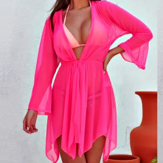Linda Saída de Praia Feminina Amarra Verão Seca Rápido Kimono - Preto