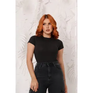 Manga Curta Blusa Feminina Gola Alta Canelada - Telha