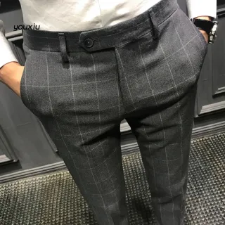Calças para o Trabalho Slim Straight Plain Men Suit Pants - Cinza Claro
