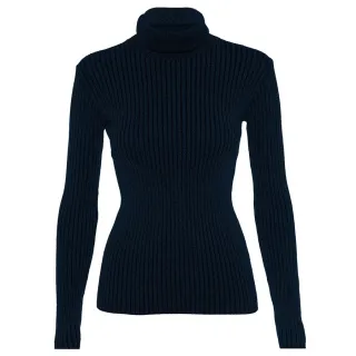 Blusa Feminina Tricot Manga Longa Gola Alta - R: 965 - Azul Petroleo