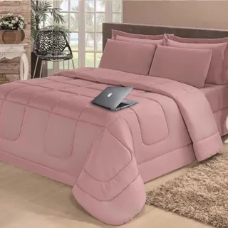 Cobre Leito Casal Queen + Jogo de Cama Aconchego Dupla Face - Kit 4 peças - Único