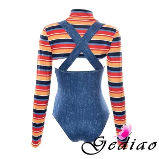 Conjunto Bodysuit e Tops Listrados, Roupas Sexy para Mulheres - Azul