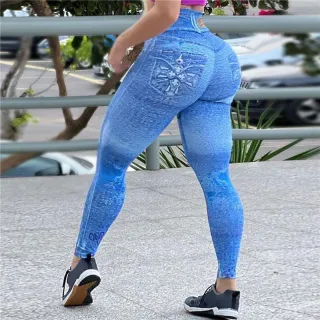 Legging Mulheres Cintura Alta Fitness Yoga Elasticidade Jeans - Azul Claro
