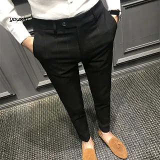 Calças para o Trabalho Slim Straight Plain Men Suit Pants - Cinza Claro