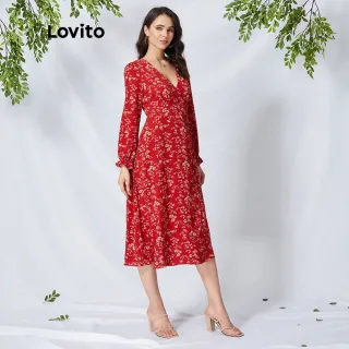 Vestido Boho Estampa Floral Decote V Lovito - L01146 - Vermelho com Manga Longa