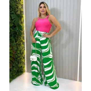 Estampada pantalona Leonora calça - MOSTARDA FUNDO BEGE