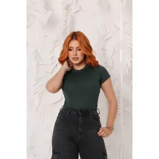 Manga Curta Blusa Feminina Gola Alta Canelada - Telha