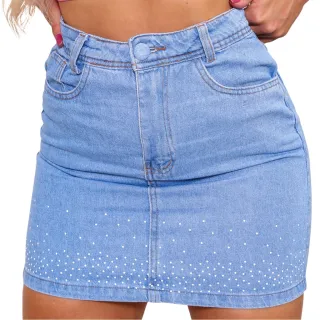 Saia jeans cintura alta clara com brilho de strass
