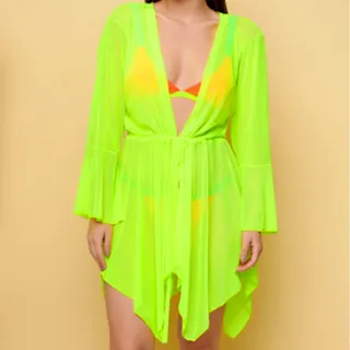 Linda Saída de Praia Feminina Amarra Verão Seca Rápido Kimono - Preto