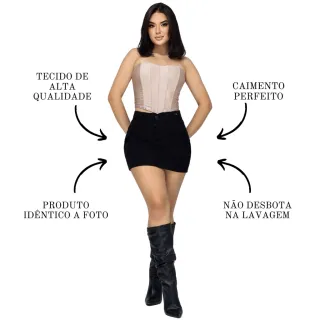 Saia Jeans Feminina Preta Cintura Alta com Bolso Lateral Cargo - 40