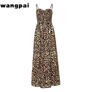 Feminino Vestido Longo Alças Estampa Leopardo - Verde-estampa de leopardo