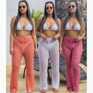 Calça Vazada Moda Praia Tricot Saída de Praia 2023 - Amarelo