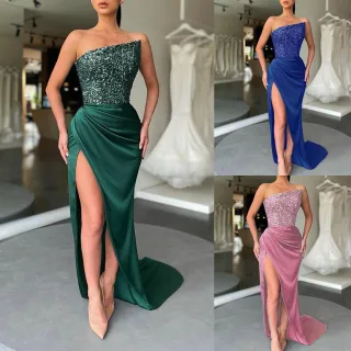 Vestido de festa longo feminino com fenda alta, lantejoulas e detalhes em patchwork - Lótus Rosa