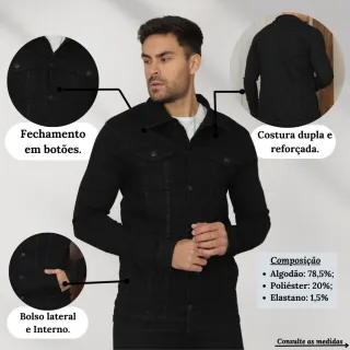 Manga Longa Jaqueta Jeans Masculina Tradicional Botões - Preto