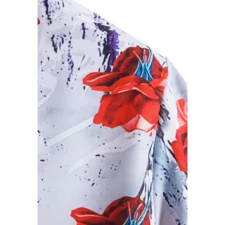 Camisa Manga Curta Vermelha e Branca Floral Solta - Tendência Boho Retro - C229