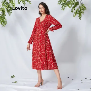 Vestido Boho Estampa Floral Decote V Lovito - L01146 - Vermelho com Manga Longa